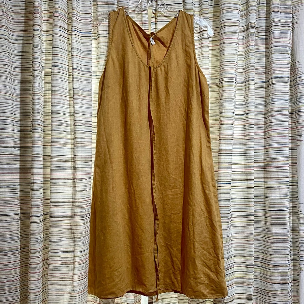 Garnet Hill 100% Linen Midi Sleeveless Dress - Tan Goldish